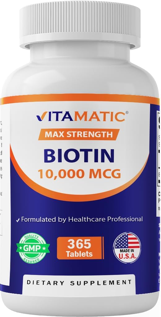 Vitamatisk biotin 10. 000 mcg (10 mg) for stærkere hår, hud & negle - 365 Veganske tabletter - Også kaldet vitamin B7