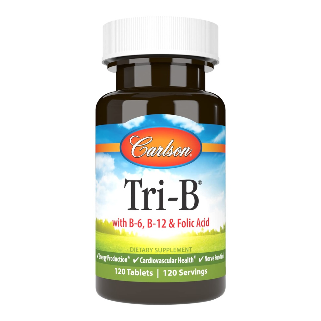 Carlson - Tri- B, B-vitamin Complex, 25 mg vitamin B- 6, 400 mcg vitamin B- 12, folinsyre energipiller, Promote cardiovaskulær sundhed, B-kompleks vitaminer, B12 tillæg, B-vitamin Complex, 120 tabletter