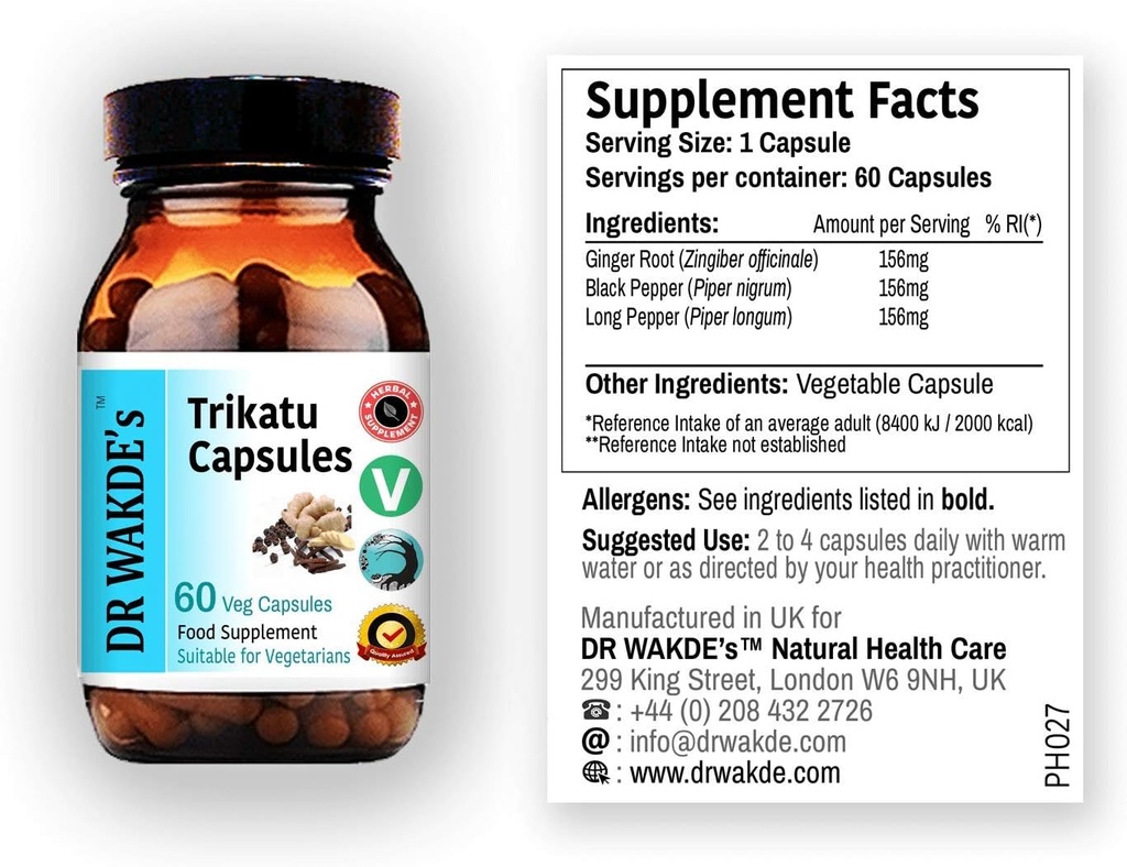 DR WAKDE 's Trikatu kapsler (60 Veg Caps, Plant- baseret supplement, Ayurvedic Herb, All Natural, Vegan)