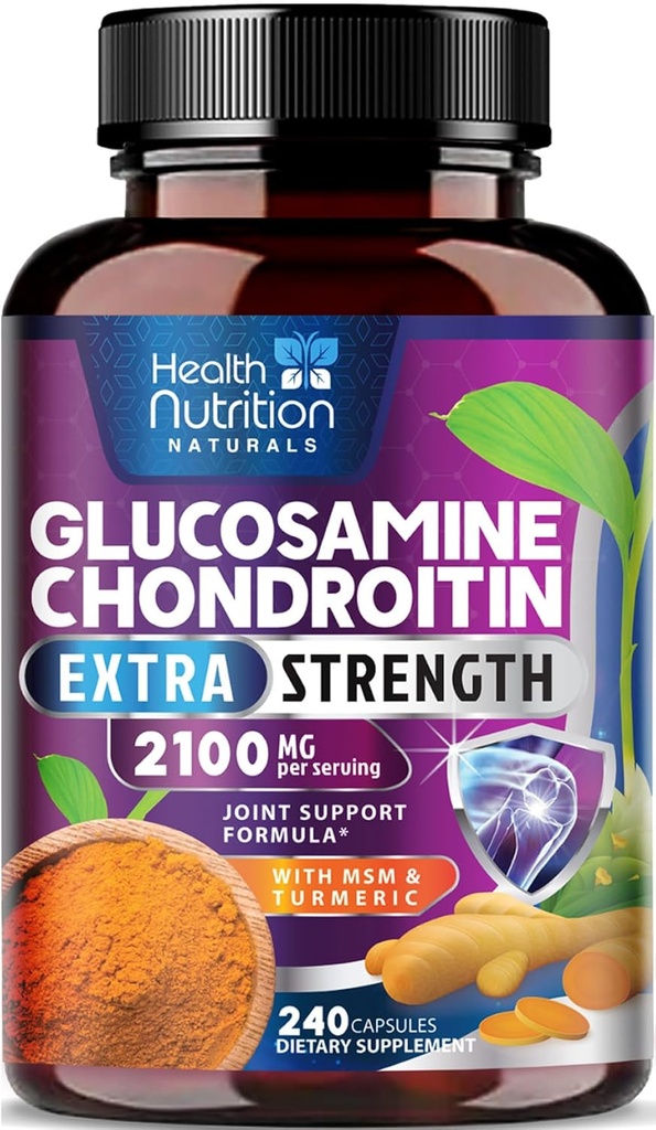 Glucosamin Chondroitin 2100mg - 3X Strength Joint Support with MSM, Glucosamin Sulfate, Gurkemeje, Boswellia, Quercetin for Cartiage, Fleksibilitet & Mobility, Flasket i USA, 240 Kapsler