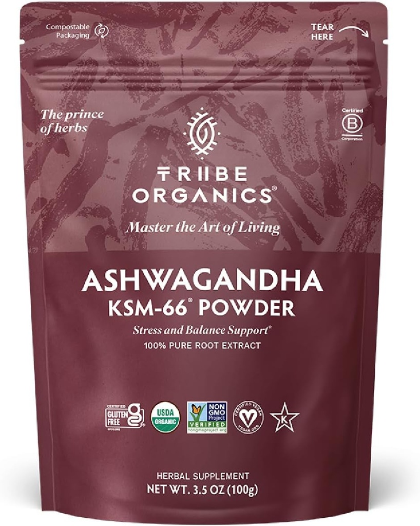 TRIBE ORGANICS KSM- 66 Ashwagandha Root Extract Powder Ayurvedic Herb for Mood Support 124; Forøg energi nogensinde 124; Styrke - Økologisk behandling 124; Naturlig behandling 124; Gluten Free