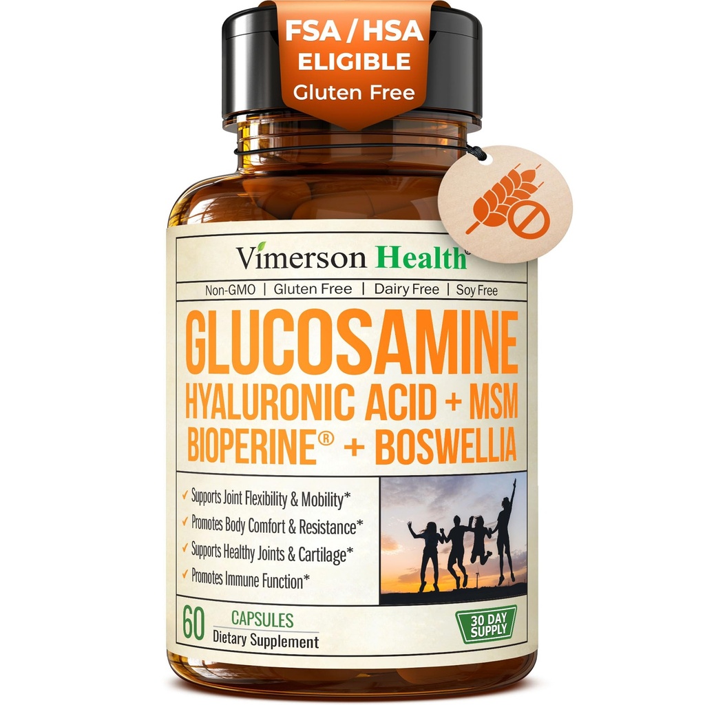 Glucosamin Sulfate med Hyaluronsyre, Boswellia, Sort Pepper & MSM Supplement - 5-in-1 Fælles Kosttilskud til mænd og kvinder - Fælles sundhed, mobilitet & benstyrke - FSA Støtteberettigede 60 Caps