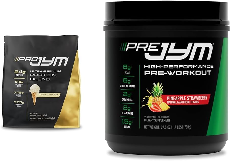 PRO JYM 45 Servering - Tahitian Vanilla Bean & PRE JYM 30 Servering - Ananas Jordbær