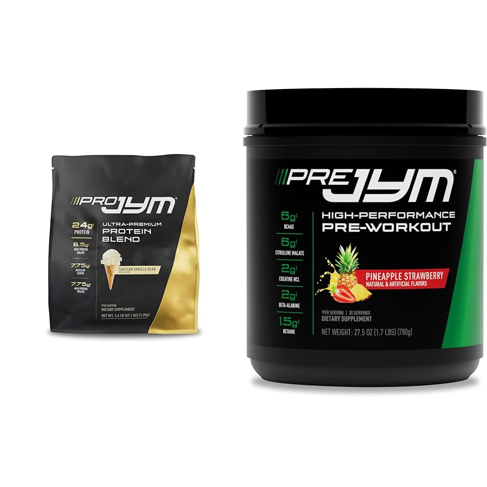 PRO JYM 45 Servering - Tahitian Vanilla Bean & PRE JYM 30 Servering - Ananas Jordbær
