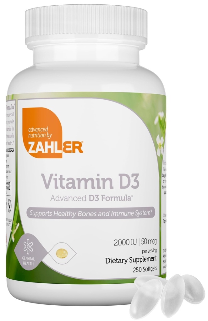 Zahler - Avanceret D3 2000 IE Softgels (250 Greve) Kosher Vegetarisk Friendly D-vitamin til immunforsvar, ben, tænder og muskelsundhed - Dagligt D3 Vitamin supplement til voksne - Easy Swallow V