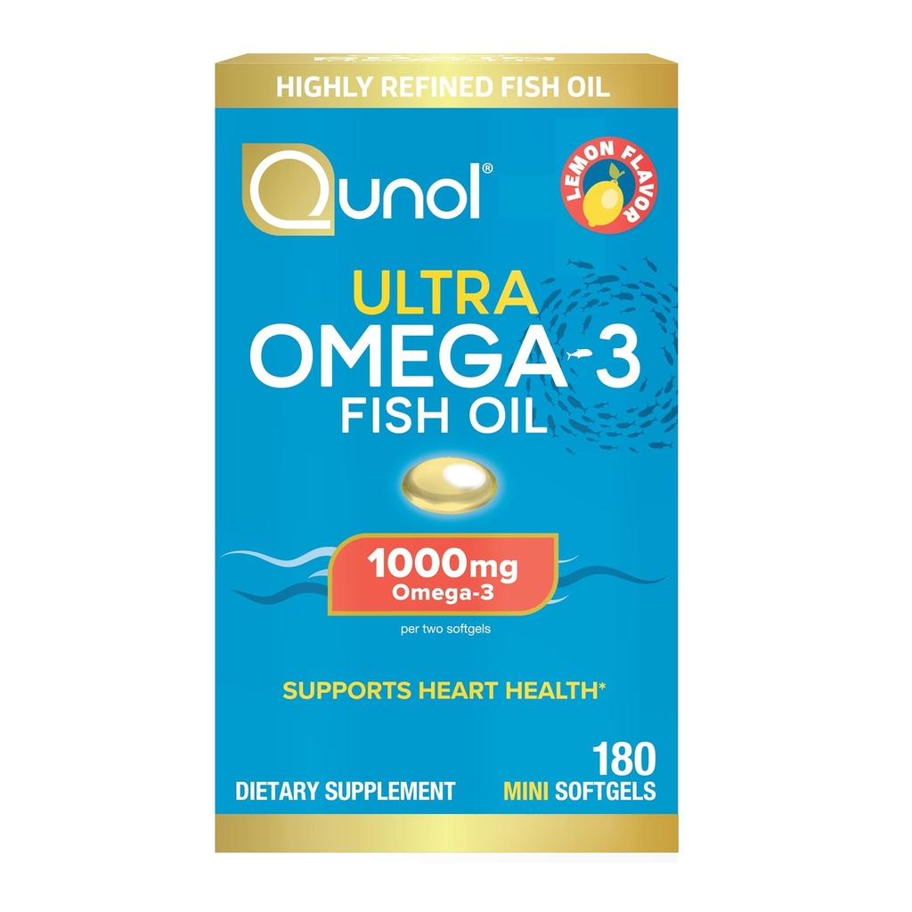 Qunol Fish Oil Omega 3 Mini Softgel, 1000mg Omega 3 EPA + DHA, Ultra Pure Supplements, Heart Health Support, Lemon Flavor, Let at synke Minis, 3 Måned Supply, 180 Greve