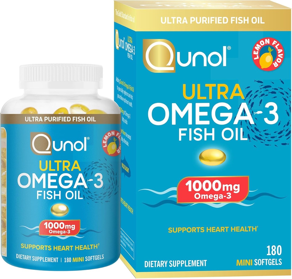 Qunol Fish Oil Omega 3 Mini Softgel, 1000mg Omega 3 EPA + DHA, Ultra Pure Supplements, Heart Health Support, Lemon Flavor, Let at synke Minis, 3 Måned Supply, 180 Greve