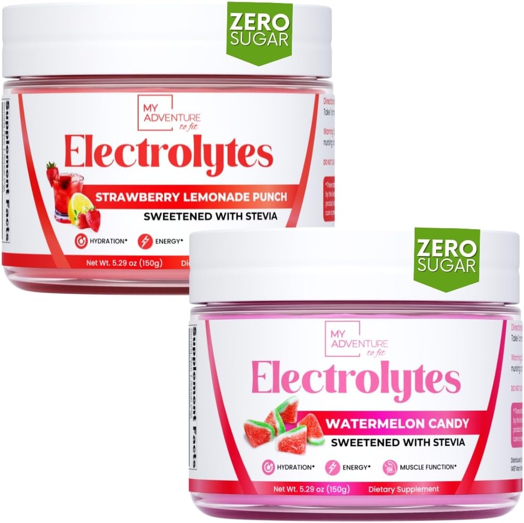 Min Adventure til Fit Forfriskende Hydration Elektrolyter Pulver med Zero Sugar, Bundle, Watermelon Candy & Strawberry Lemonade flavors