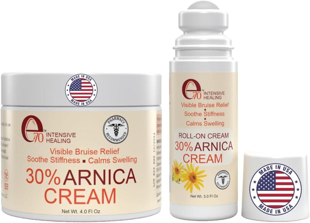 Arnica Cream & Arnica Gel Roll- On 2PK for blå mærker og hævelse, Soothe Sore Muscles & Joints med vitamin K, 30% Arnica Montana, Hyaluronic Acid & L- Arginin