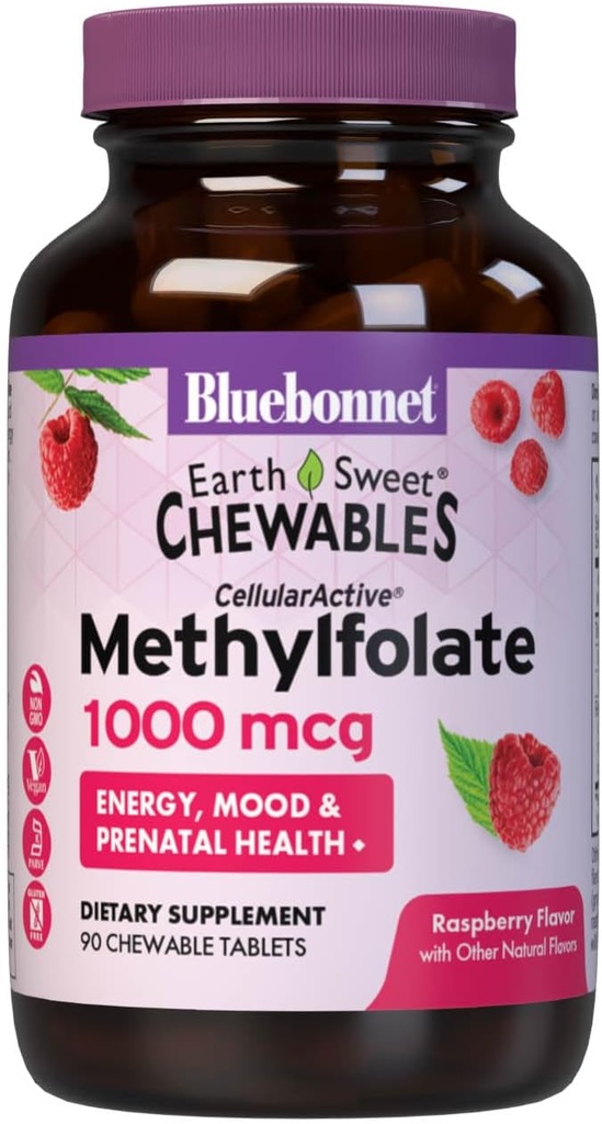 Bluebonnet EarthSweet methylfolfolate 1000 mcg Cellulær Active Coenzym 5- MTHF L Methyl Folate Supplement - Prenatal & Energy Support - Non- GMO, Vegan, Gluten- Free - Hindbær - 90 tyggetabletter