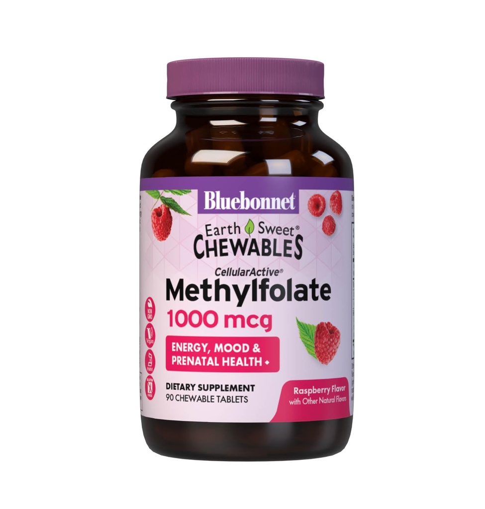 Bluebonnet EarthSweet methylfolfolate 1000 mcg Cellulær Active Coenzym 5- MTHF L Methyl Folate Supplement - Prenatal & Energy Support - Non- GMO, Vegan, Gluten- Free - Hindbær - 90 tyggetabletter