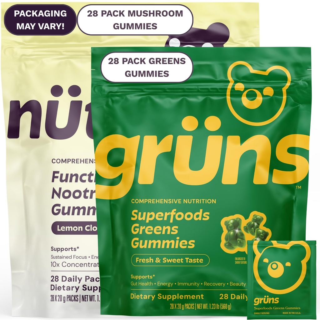 Gruns Superfood Green + New Nütrops Gummy Bundle, Organic Nutritional Supplement 2 x 28 Pack: Multivitamin, prebiotika, adaptogener + Nootrop Mushroom Herbal Supplement til Support Mood, Focus, Gut