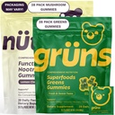 Gruns Superfood Green + New Nütrops Gummy Bundle, Organic Nutritional Supplement 2 x 28 Pack: Multivitamin, prebiotika, adaptogener + Nootrop Mushroom Herbal Supplement til Support Mood, Focus, Gut