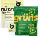 Gruns Superfood Green + New Nütrops Gummy Bundle, Organic Nutritional Supplement 2 x 28 Pack: Multivitamin, prebiotika, adaptogener + Nootrop Mushroom Herbal Supplement til Support Mood, Focus, Gut