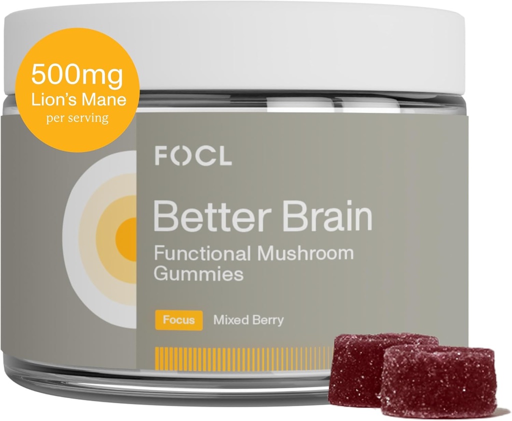 FOCL Lions Mane Mushroom Gummies - Mushroom Supplement for Brain Function, Focus, Memory, Energy, Immune Boost, Stamina - Nootropic Complex Lion's Mane, Reishi, Cordyceps - Vegan, Gluten Free, Organic