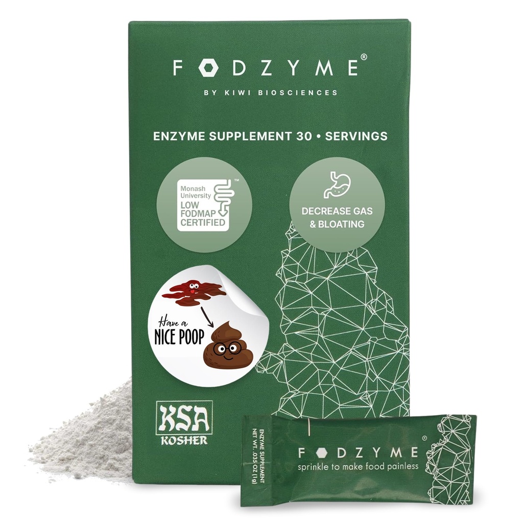 FODZYME ® On- The- Go fordøjelsesenzymer for Gut Health, Relief for Bloating, Gas, Forstoppelse, Diarré, Abdominal smerte, Lav FODMAP, 30 Dosis