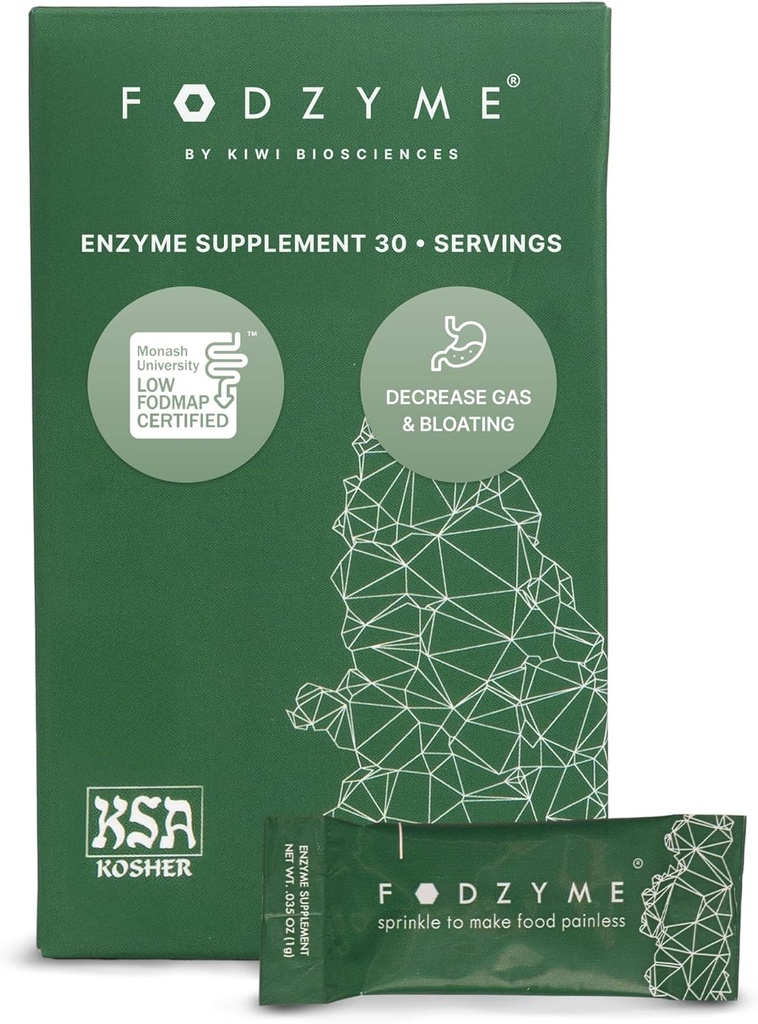 FODZYME ® On- The- Go fordøjelsesenzymer for Gut Health, Relief for Bloating, Gas, Forstoppelse, Diarré, Abdominal smerte, Lav FODMAP, 30 Dosis