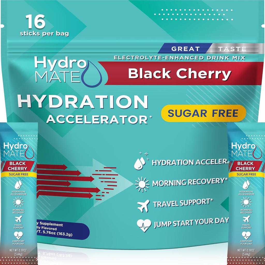 Elektrolytpulver Sugar- fri hydrering Pakninger Sort Cherry HydroMATE 16 sticks