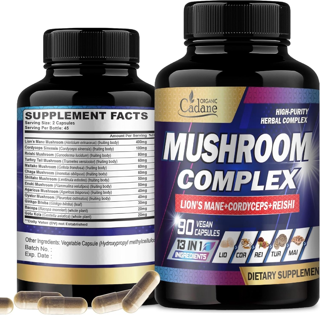 Organic Cadane Mushroom Complex Kosttilskud - Hjerne Sundhed, Immunsystem, Memory & Energy Production - 13in1 med Lions Mane Mushroom, Bacopa, Reishi & Mere - 90 Veganske Kapsler
