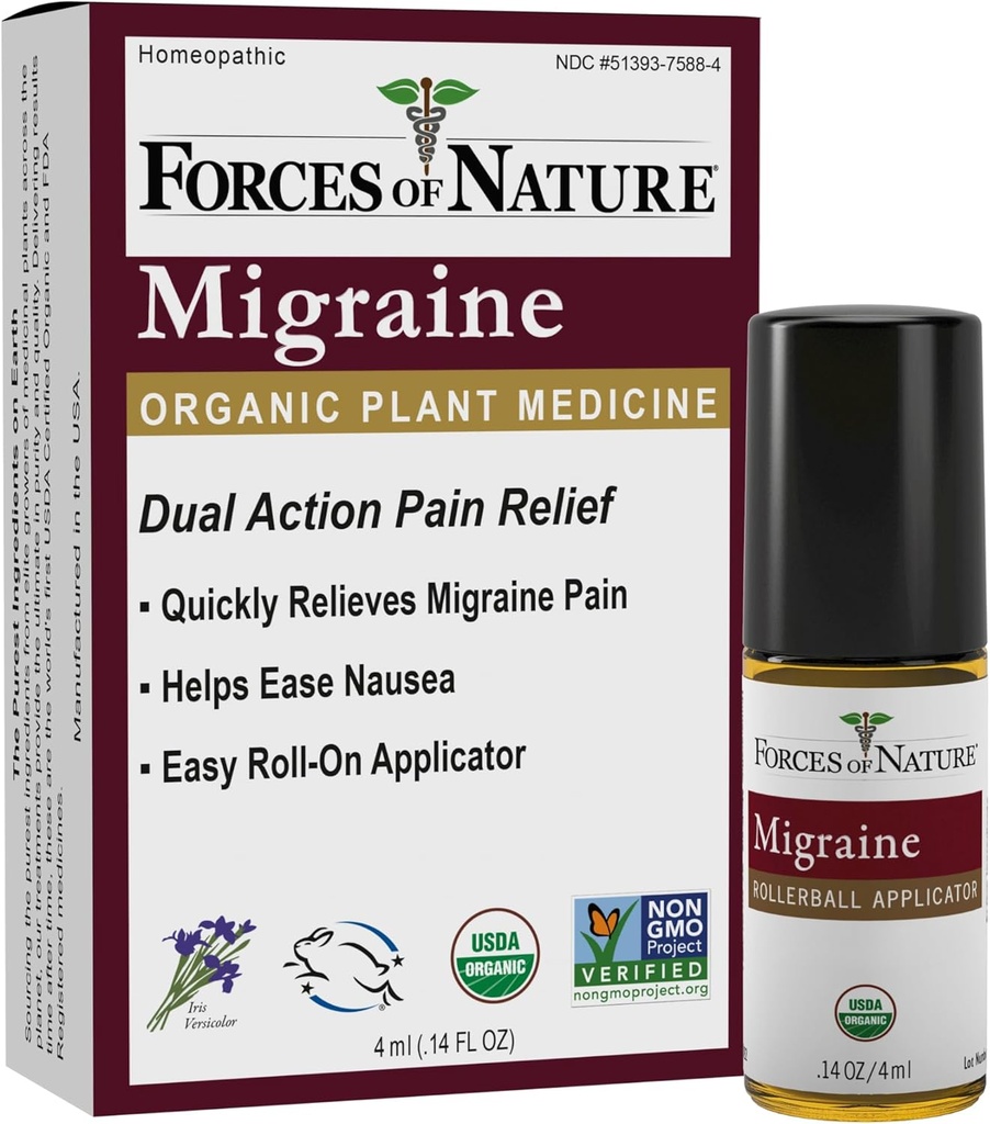 Naturkræfter Natural, Organisk Migræne Smerte Relief Topical Rollon, Understøtter Prodrome, Aura, Hovedpine, Træthed, Lys og lyd Følsomhed, Kvalme forbundet med Migræne, Non- GMO, 0.14 Fl Oz