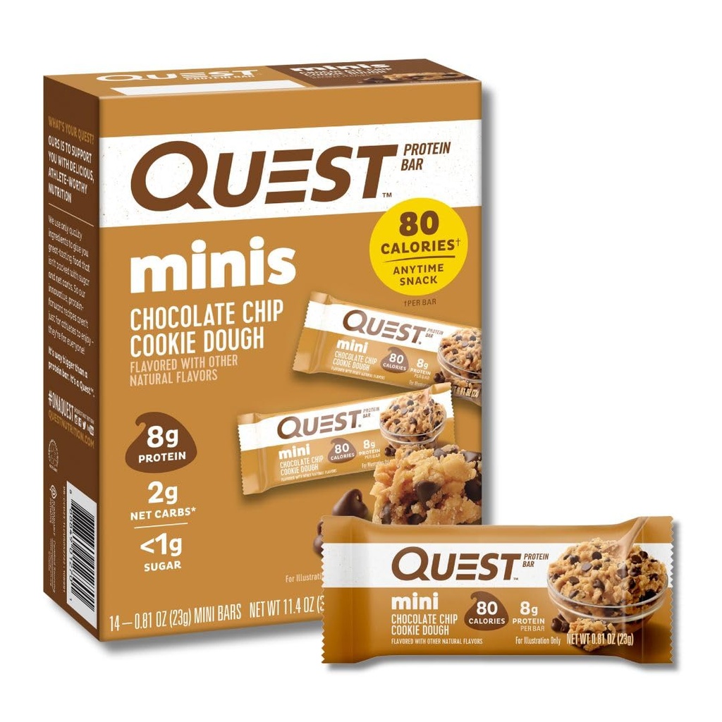 Quest Nutrition Mini Chocolate Chip Cookie Dough Protein Bars, 8g Protein, 1g Sukker, 2g Net Carbs, Gluten Free, 14 Greve