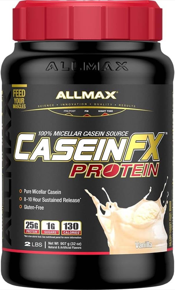 ALLMAX Casein- FX Protein, Vanilla - 2 LB - 25 Grams af Blow- Release Protein Per Scoop - Lav Carb & Zero Tilføjet sukker - Ca 27 Serveringer