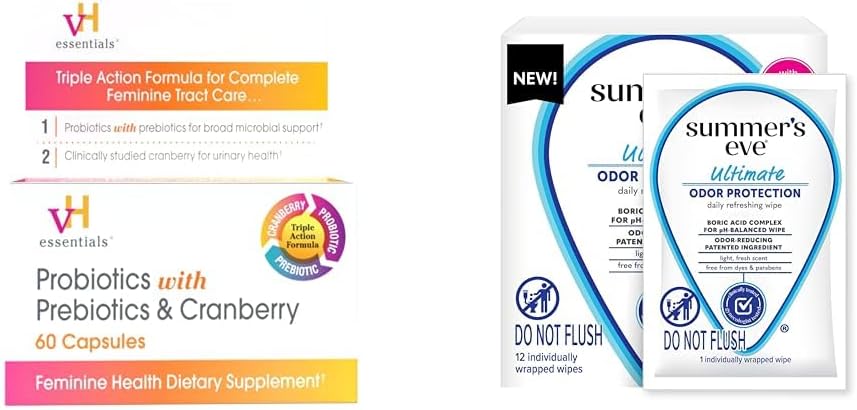 v H essentielle Probiotika med Prebiotika og Cranberry 60 Kapsler og Summer 's Eve Ultimate Odor Control Feminine servietter med borsyre 12 ct
