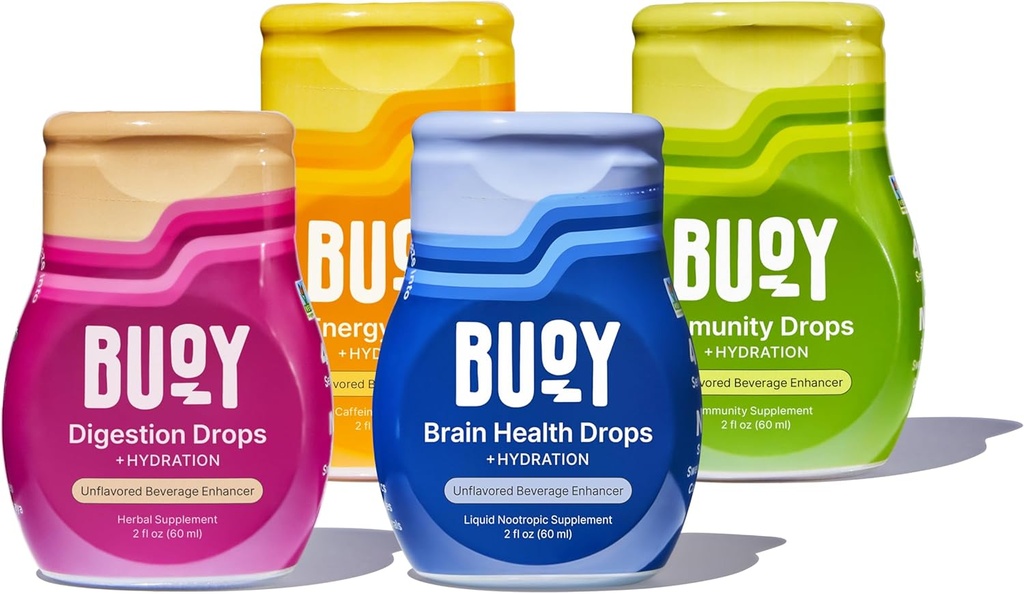 Buoy Electrolyte Drops Variety Pack fordøjelse + Brain + Energi + Immunitet Note 124; 160 Servering Note 124; Ingen sukker, Ingen sødestoffer