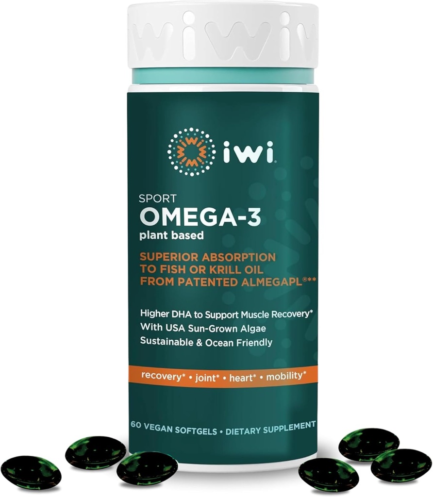 Iwi Omega-3 Sport, 60 Softgels (30 Servering), Plant- baserede Vegan Alger Omega 3 med DHA, Motion Inddrivelse Support Kosttilskud, Krill & Fish Oil Alternative, Ingen Fishy Aftersmage