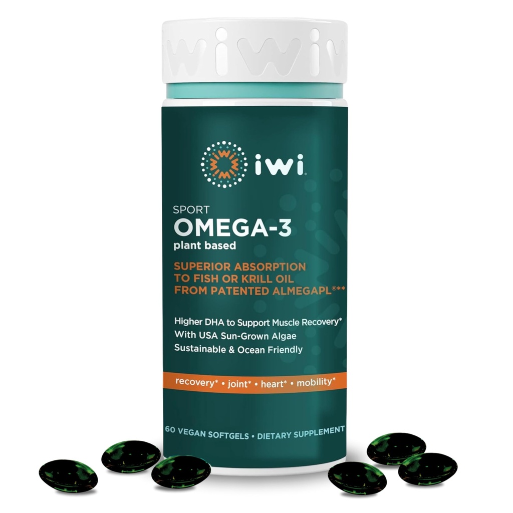 Iwi Omega-3 Sport, 60 Softgels (30 Servering), Plant- baserede Vegan Alger Omega 3 med DHA, Motion Inddrivelse Support Kosttilskud, Krill & Fish Oil Alternative, Ingen Fishy Aftersmage