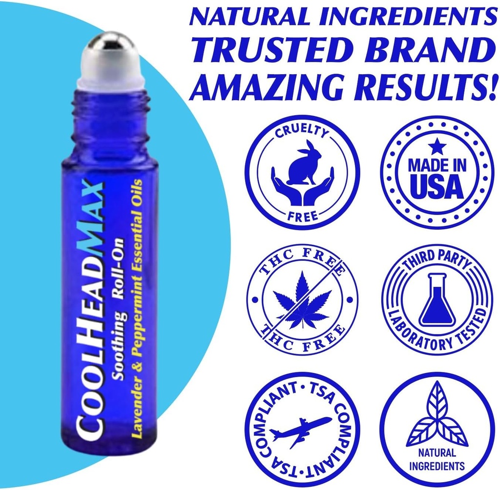 CoolHead Max Roll On, Natural Peppermint Essential Oil Migraine Relief, Headache Support Roller, Fast Cooling Comfort for Your Head, 3 Pack