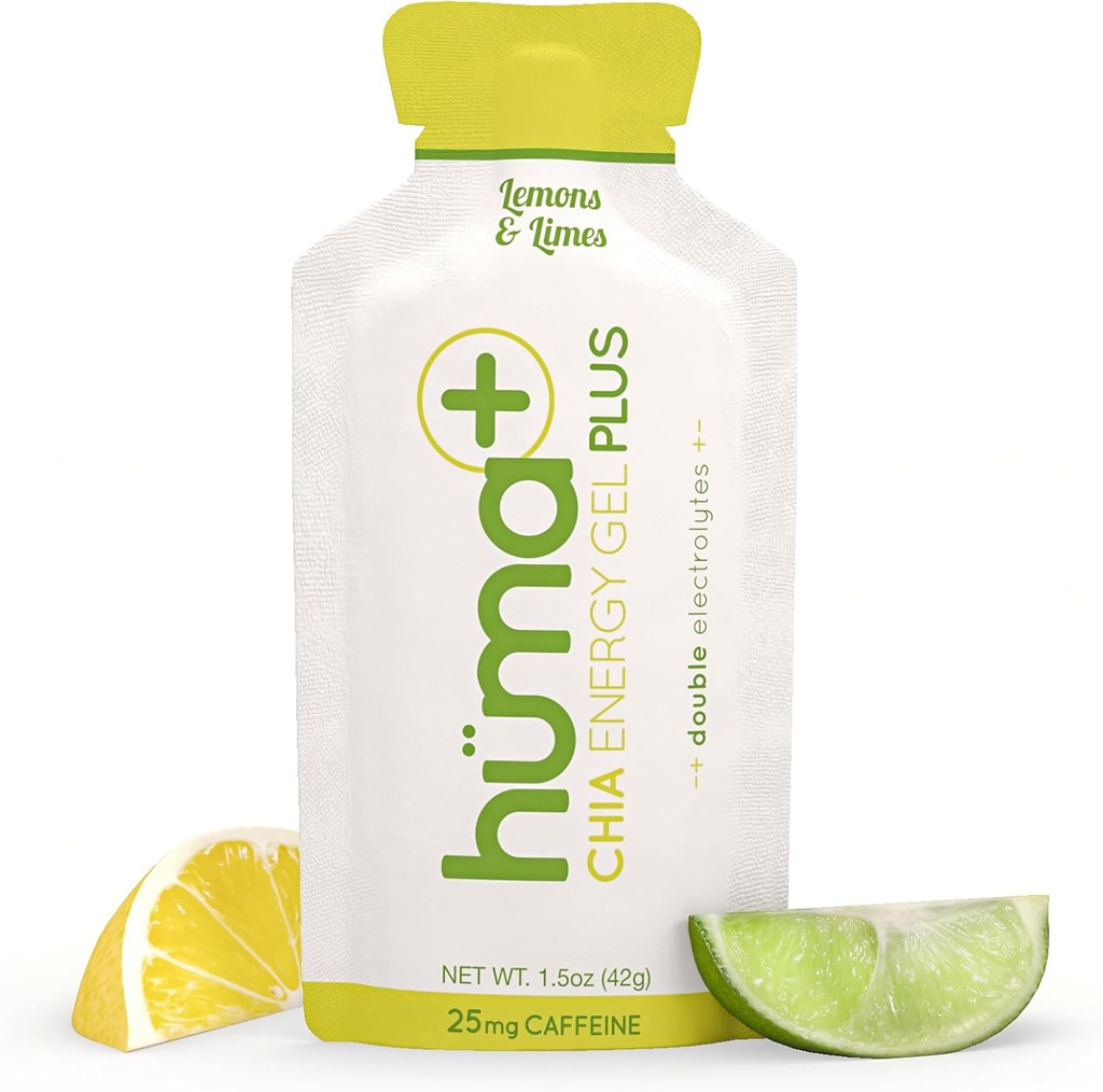 Huma Plus (Double Electrolytes) - Chia Energy Gel, Lemon Lime, 12 Gels, 25mg Koffein - Mave Friendly, Real Food Energy Gels