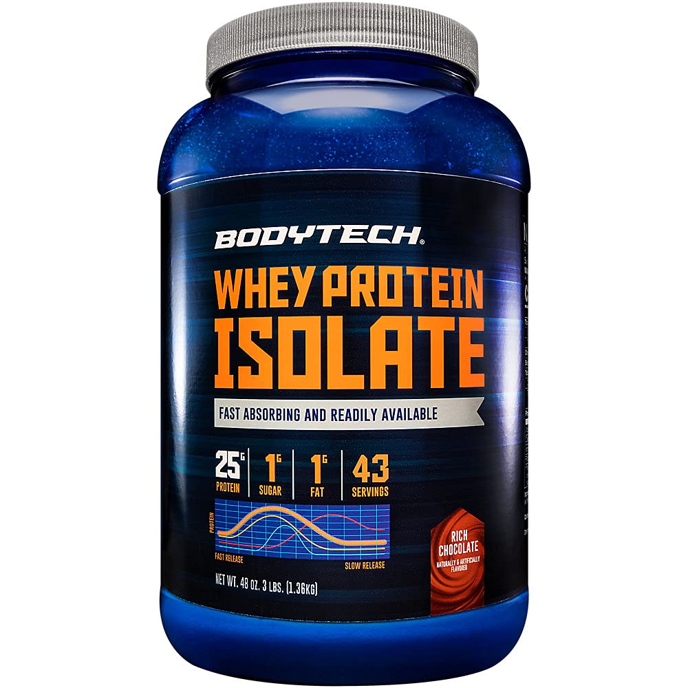 BodyTech Whey Protein Isolate Powder, Rich Chocolate Flavor, 25g Protein per Serving, High Concentrated Protein Powder with Amino Acids & BCAAs for Men and Women, Gluten Free, 3 lb, 43 Servings