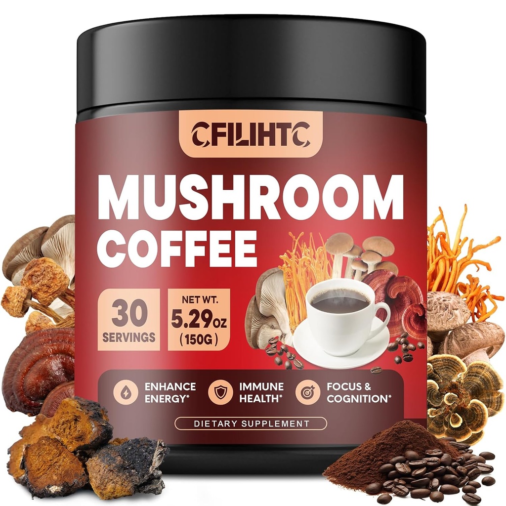 Mushroom kaffe - Colombiansk Mushroom pulver Instant Kaffe med løvens mane, Reishi, Chaga, Cordyceps & mere - 150g Mushroom kaffe alternativ til energi, fokus, mental Klarhed & immunforsvar