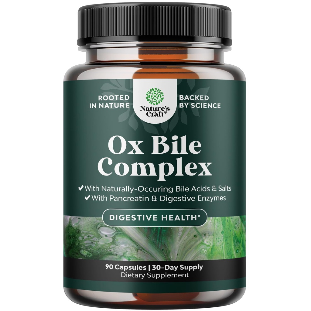Fordøjelsesenzymer med Ox Bile - Ox Bile Kosttilskud til ingen Galdeblære med Trypsin, Papain & Bromelain Enzyme til Pancrease Cleanse & Detox - Pancreatin fordøjelsesenzymer til kvinder og mænd - 90 Ct