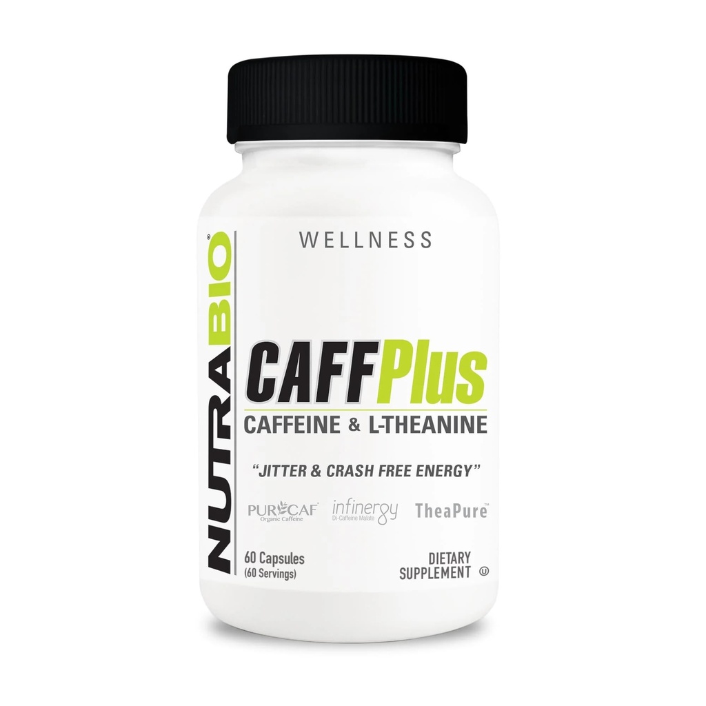 NutraBio CaffPlus, dobbelt kilde koffein med Theanin for sund energi Boost - 60 vegetabilske kapsler