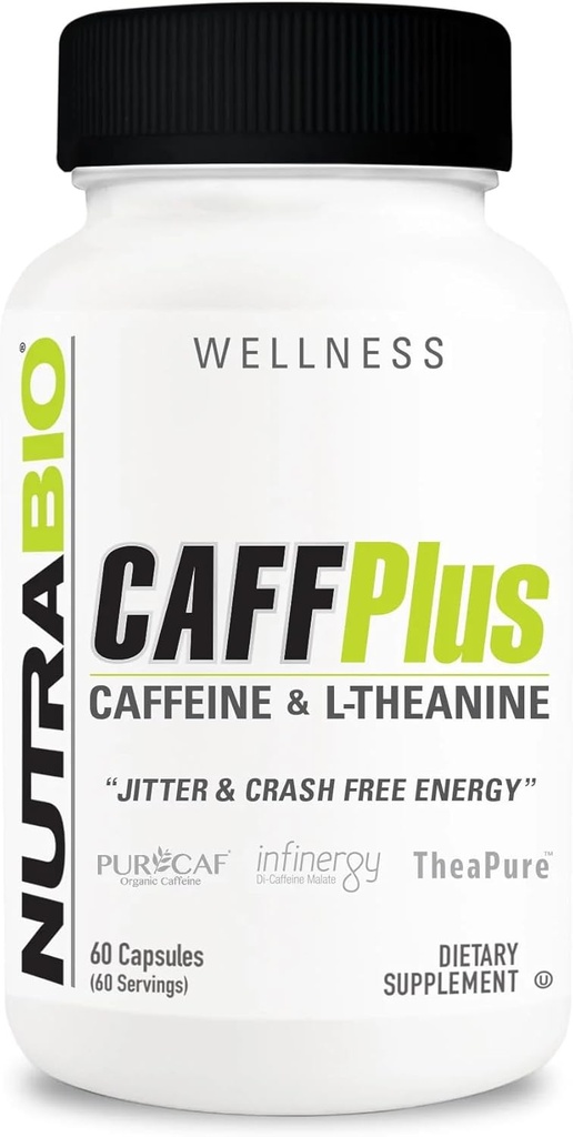 NutraBio CaffPlus, dobbelt kilde koffein med Theanin for sund energi Boost - 60 vegetabilske kapsler