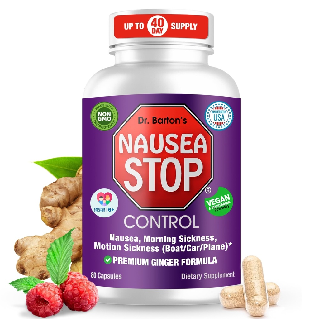 Dr. Bartons Kvalme Stop - Natural Ingefær, Non- Drowsy Kvalme Relief Pills for Voksne & Børn, Anti Kvalme, Opsat Mave, Morgenkvalme & Graviditet Kvalme - Rejse Essentials - 80 Kapsler (1 pakke)