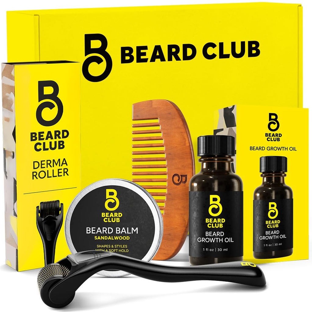 The Beard Club Beard Growth Kit - Derma Roller, Beard Growth Oil, Sandalwood Balm, Comb - gavesæt