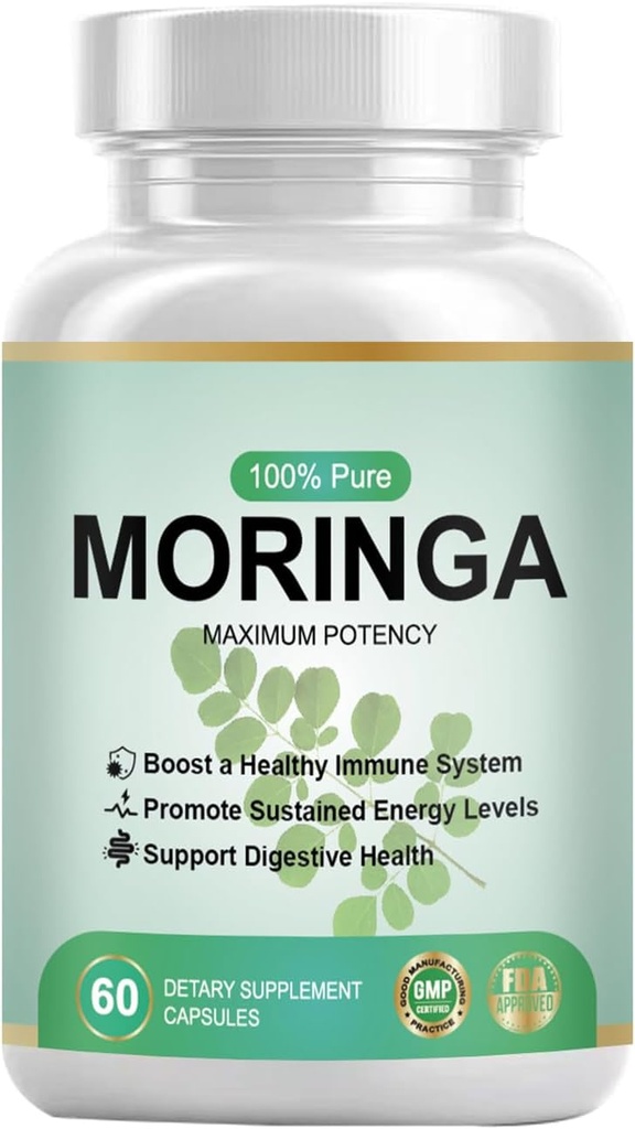 Pure Organic Moringa Powder Kapsler - Moringa Supplement for kvinder og mænd - Naturens Multivitamin, Vegan Green, Glutenfri, Ikke GMO - Energi, Hud, Metabolisme, Gut & immunforsvar - 60 Kapsler