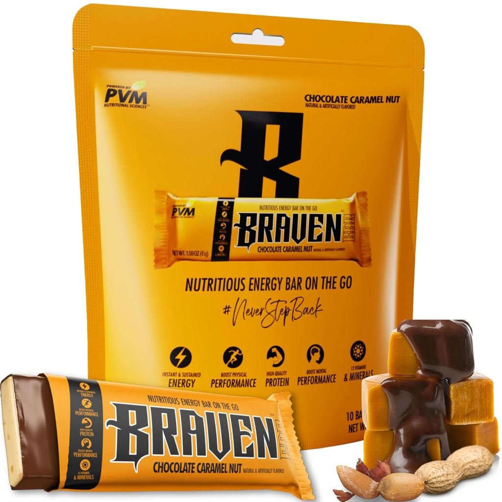 Braven Bar Chocolate Caramel Nut Energy Bars (1.59 oz, Pack of 10) - Energy Chews med 5g Protein - On- the- Go Energy Snacks til løb, vandreture og sport - Gluten Free Snacks til vedvarende energi Boost