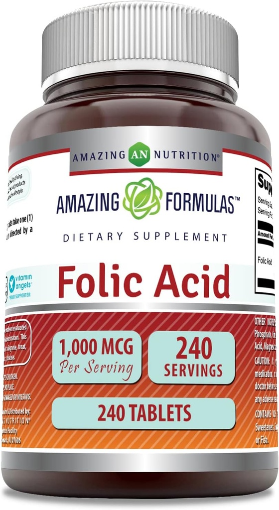 Amazing formulas folinsyre 1000 Mcg (1 Mg) Name 124; 240 tabletter Supplement 124; Vitamin B9 Beeg 124; Non- GMO-opløsning 124; Gluten Free