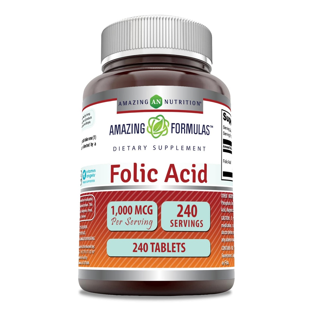 Amazing formulas folinsyre 1000 Mcg (1 Mg) Name 124; 240 tabletter Supplement 124; Vitamin B9 Beeg 124; Non- GMO-opløsning 124; Gluten Free