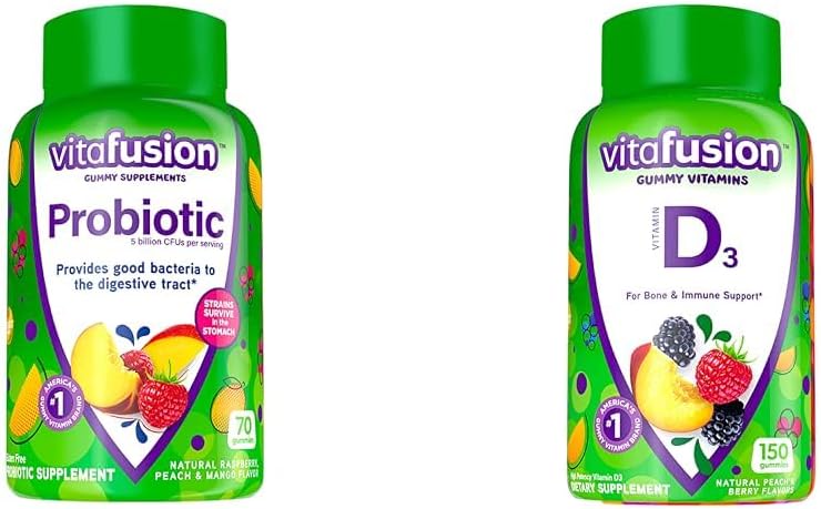 Viafusion Probiotiske Gummy Kosttilskud, Hindbær, Peach og Mango Flavors & Vitamin D3 Gummy Vitaminer til ben og immunsystemet støtte