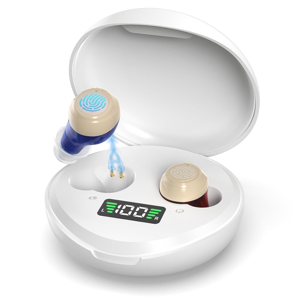 Høreapparater til seniorer, genopladelige høreapparater med digital skærm, transportabelt høreapparat med støjdæmpning, opgraderet Mini-høreforstærker til høretab Personlig (hvid)