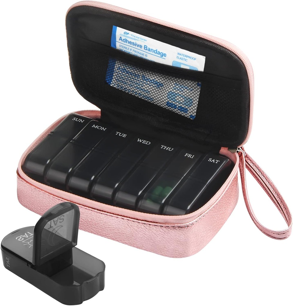Ugentlig PU Leather Pill Bag Organizer sag 2 gange om dagen, AM PM Daily Pill Box at holde Vitamin, Fish Oil, Kosttilskud og Medicin (Pink)