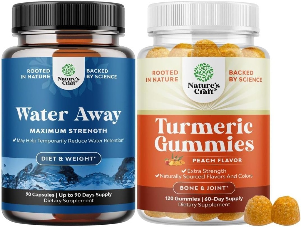 Bundle of Water Away Fluid Retention med Mælkebøtte Leaf Extract & Green Tea for Bloating Relief og gurkemeje for voksne Peach Flavor - Gurkemeje Curcumin med sort peber ekstrakt og ingefær