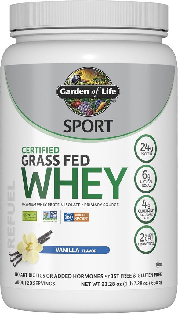 Have af liv SPORT Whey Protein Powder Vanilla, Premium Grass Fed Whey Protein Isolate plus Probiotika til immunsystemet sundhed, 24g Protein, Ikke GMO, Gluten Free, Cold Forarbejdede - 20 Servere