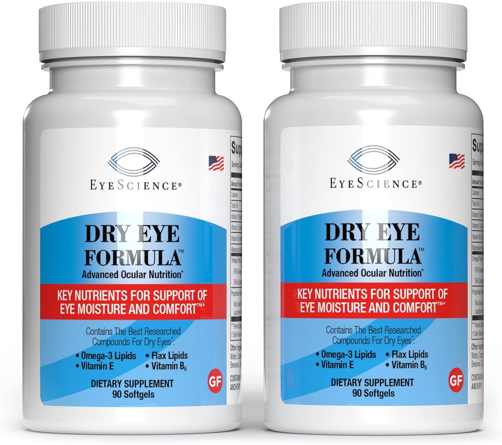 Øjenvidenskab - Dry Eye Formel - 90 Softgels - for Relief, Omega-3, Vitaminer E, C & B6, Magnesium - Tear Production & Lasting Comfort - 2 Pack