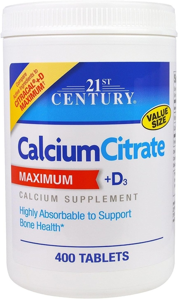 21. Century Calcium Citrate + D3, 400 tabletter per flaske (2 pakker)